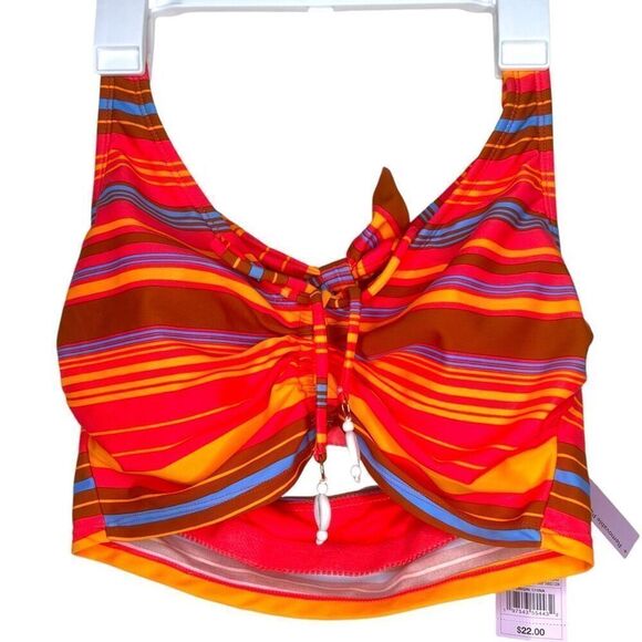 NEW Wild Fable Drawstring Ruched Halter Longline Red Striped Bikini Top S - Picture 4 of 6